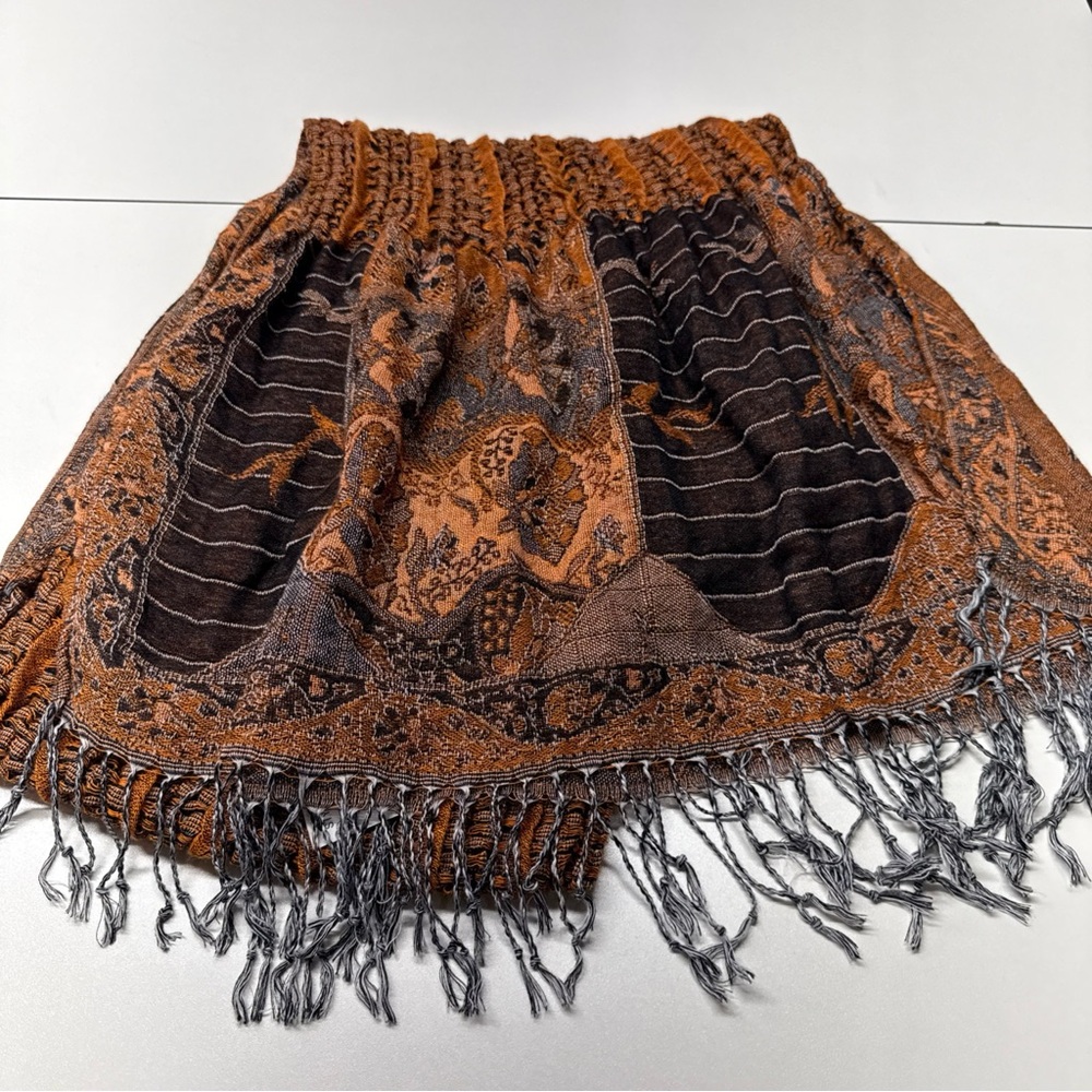 NWT Pashmina Scarf Wrap Shawl Throw‎ Brown Smocked Fringe 20"x72"